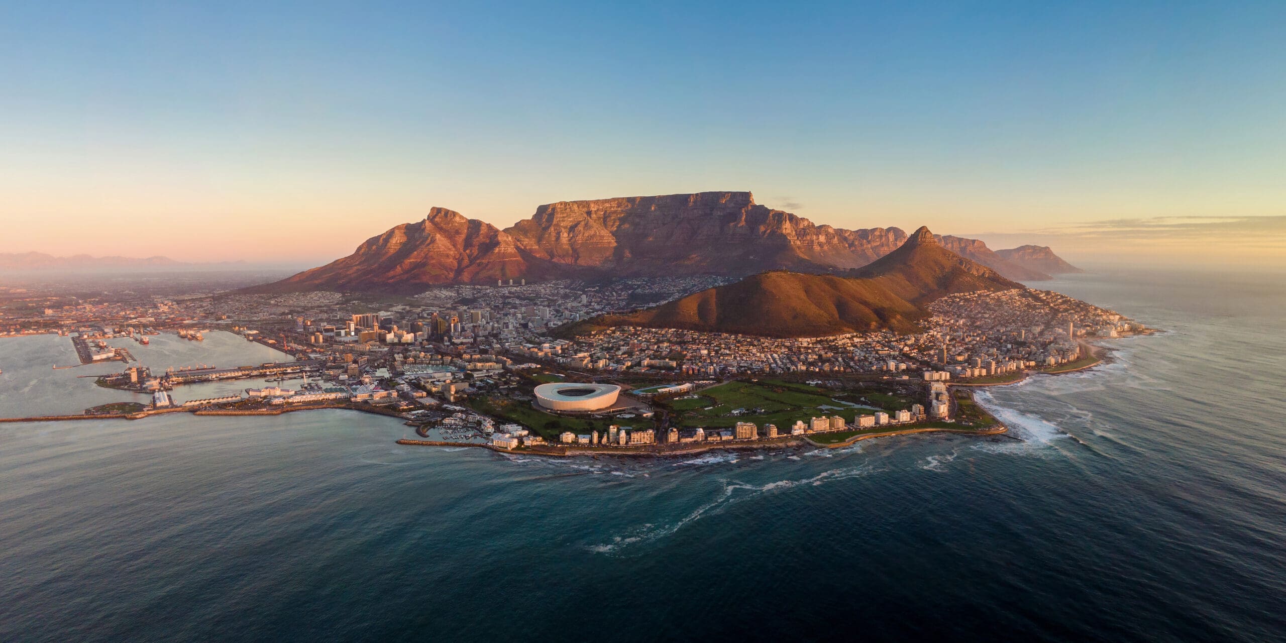 Aerial panoramic view of Cape Town cityscape at sunset, Western Cape Province, South Afric