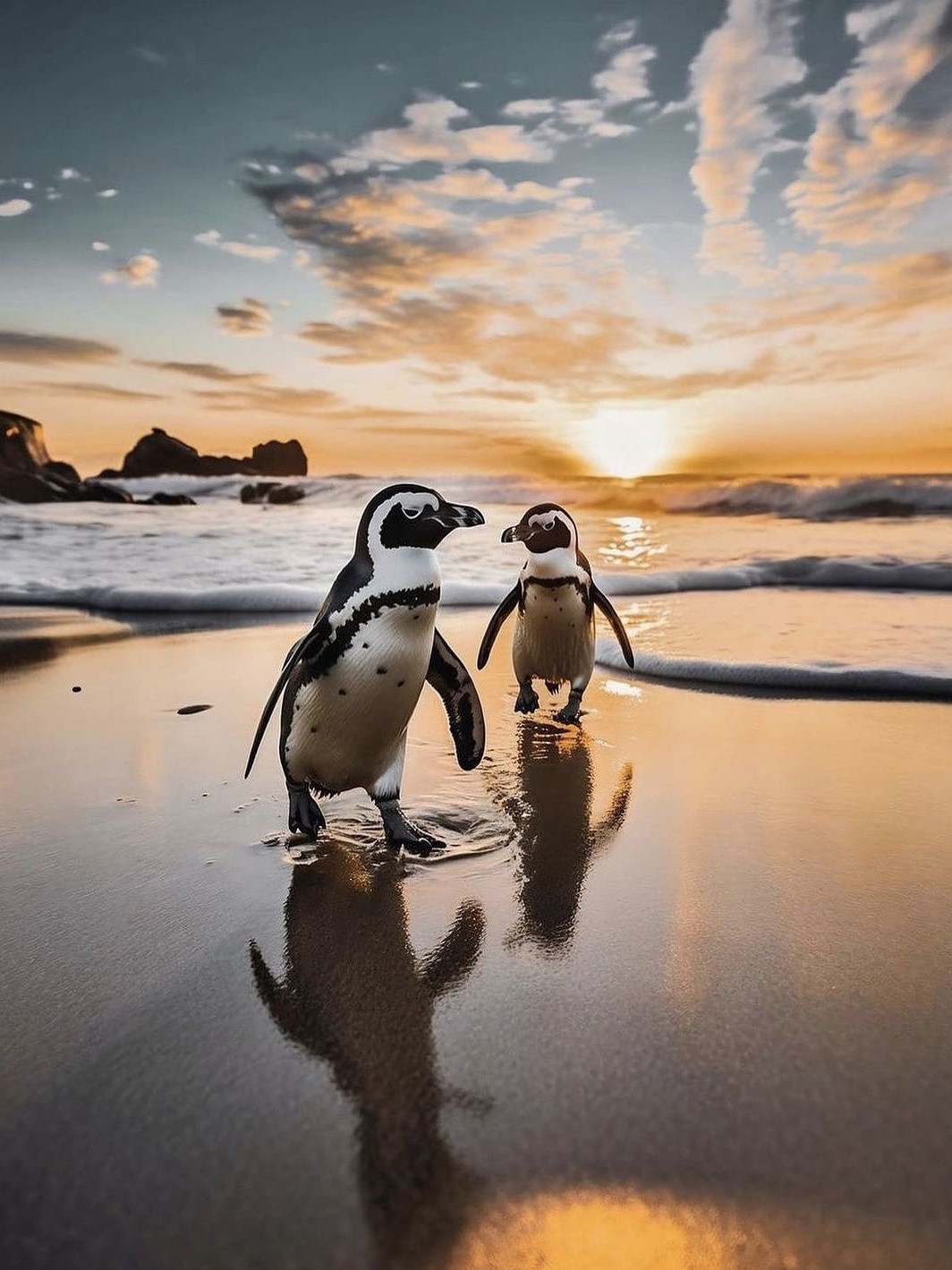 South African penguins at sunset