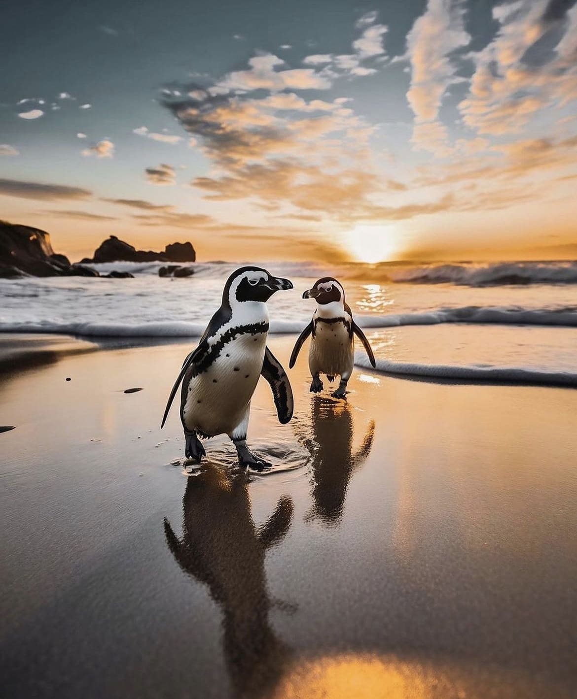 South African penguins at sunset