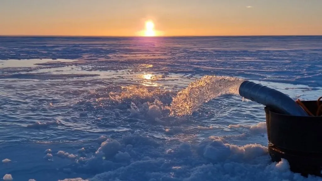 A pump is used to flood the sea-ice surface with seawater, which will then freeze