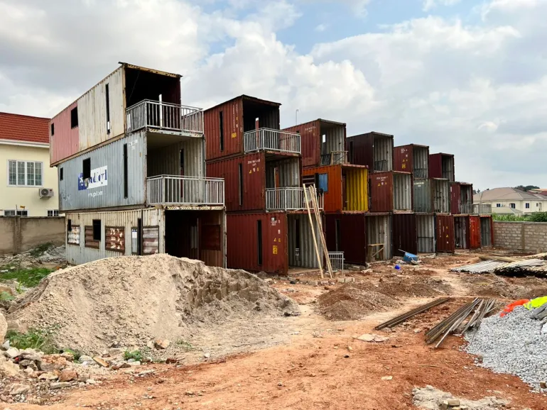 Eco-homes made from shipping containers under construction
