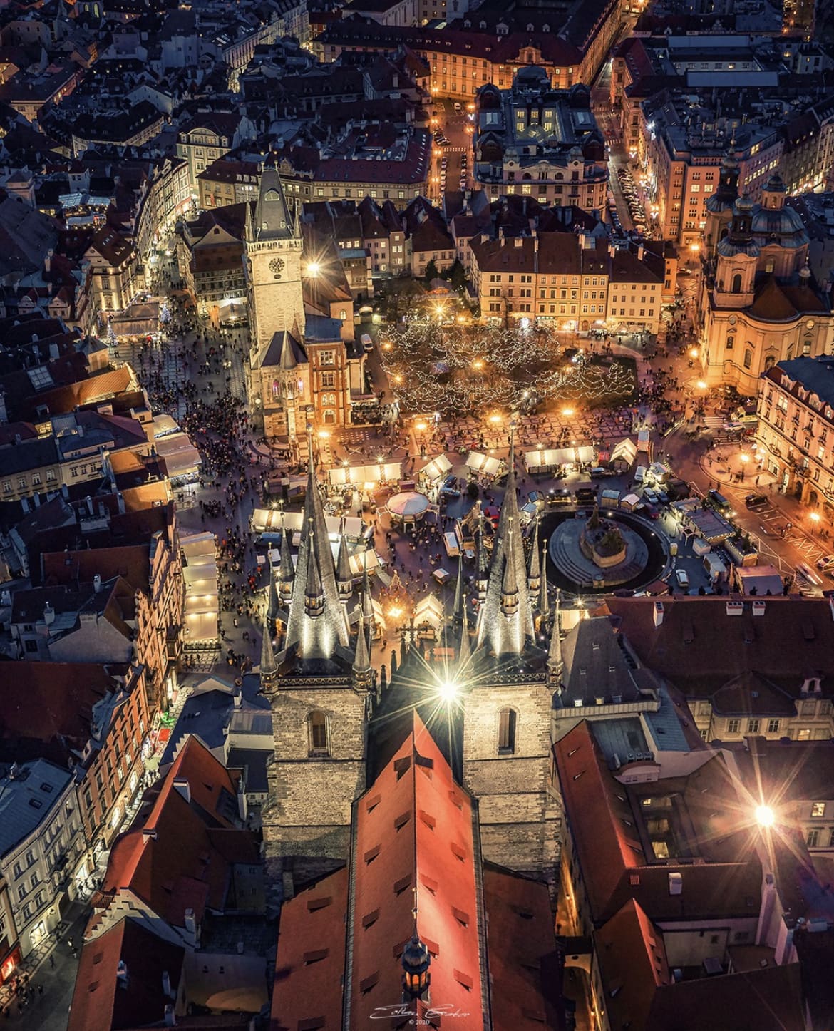 Tyn church, Old Town Square Christmas Market in Prague, Czech Republic