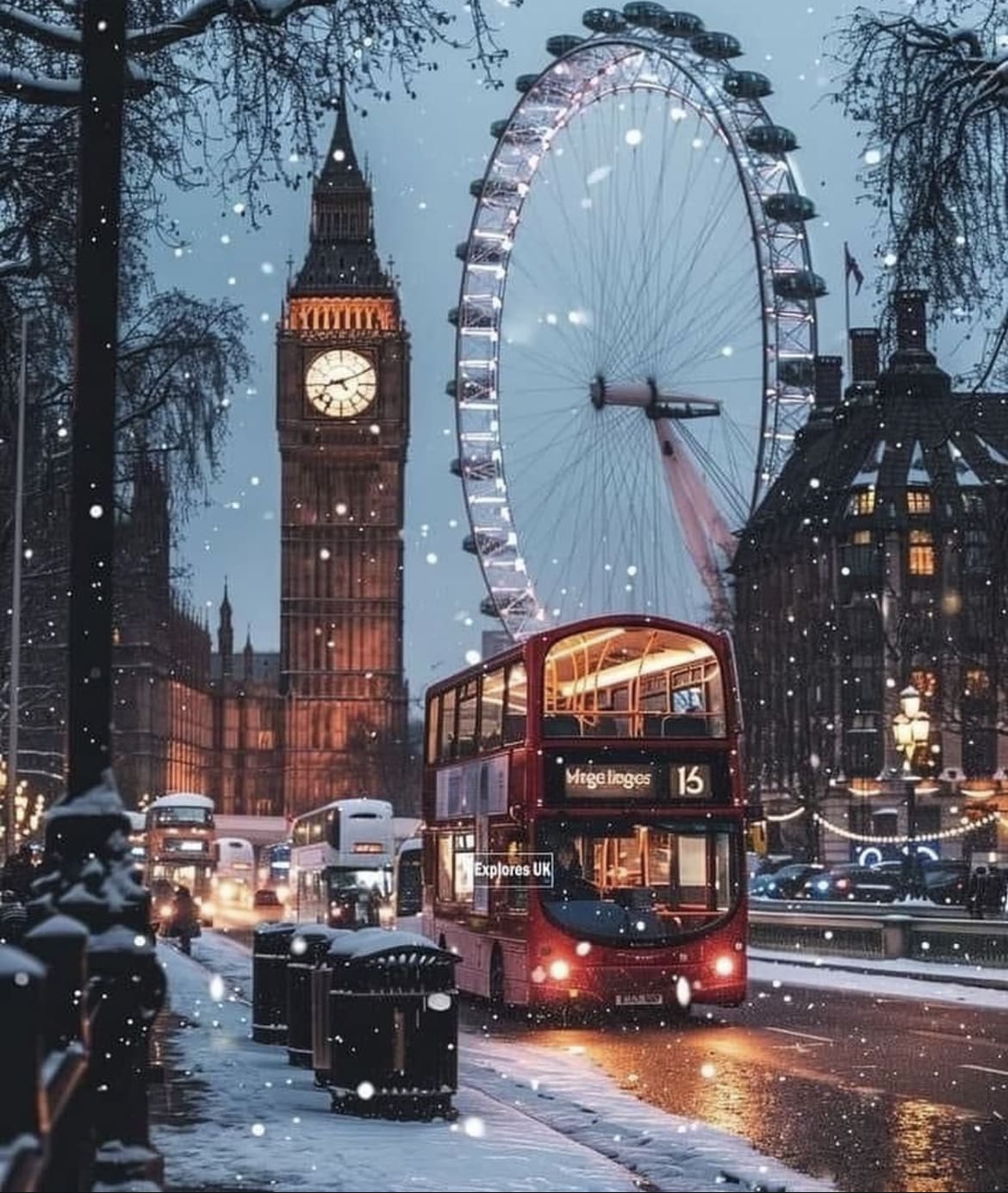 Snowy scenes in the city of London